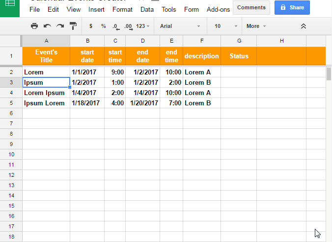 Calendar Events Creator automatically create Google Calendar events