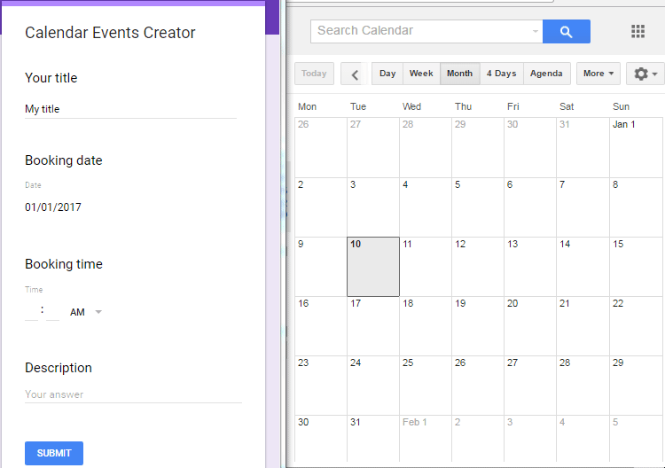 form to calendar - automatic creating event from form submission
